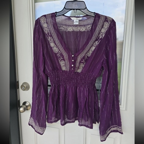 WD.NY 100% Silk Blouse Size 14 Purple Whilte Embroidered Flare Long Sleeves Y2k - Picture 10 of 14